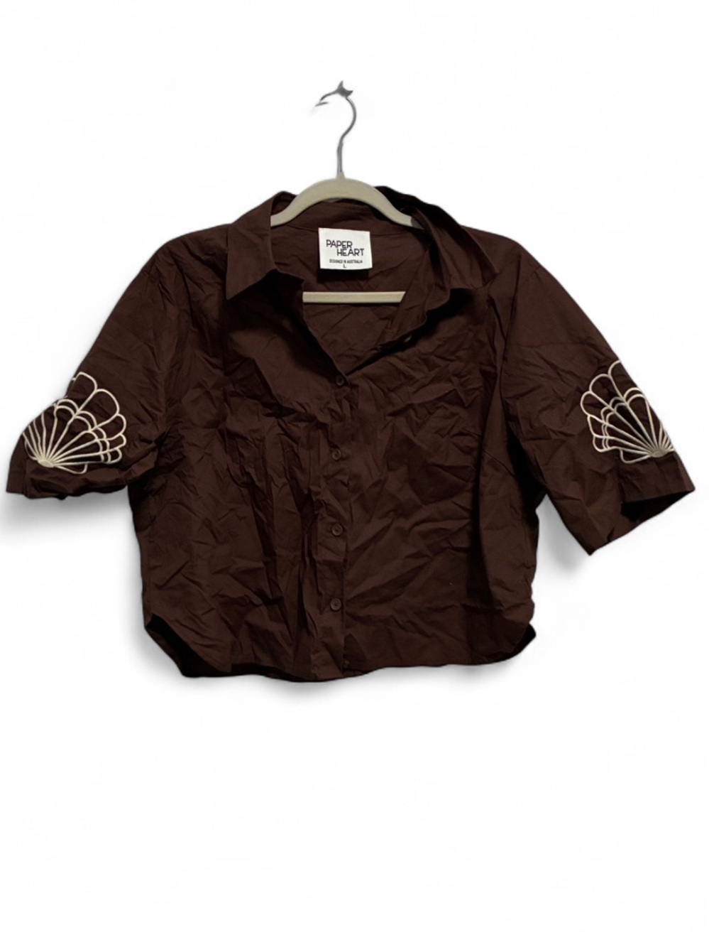 Paper Heart Brown Cropped Button-Up Shirt with Embroidered Sleeves